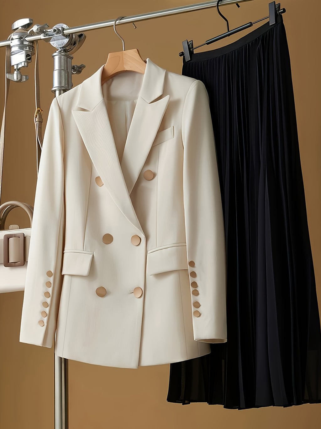 M8338-1 Solid Color Notched Lapel Double-Breasted Suit Jacket - Apricot