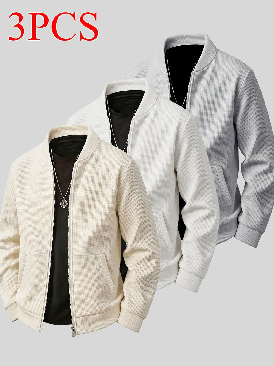 [Qiaoximei OBM] Spring/Autumn Men'S Solid Texture Small Waffle Fabric Jacket 3pcs Set, Versatile Comfortable Casual Fashion Men'S Top Outerwear, Best Men'S Holiday Gift - Khaki+White+Gray