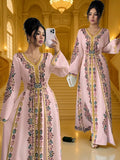 Women'S Summer Autumn Bride, Retro Elegant Dignified Wedding Non- Bohemian Middle Eastern, Printed Design, V-Neck Long Sleeve Batwing Sleeve Loose Flowing Long Wrap Dress, Golden Contrast Design Court Style Dress Suitable for Vacation, Party - Pink