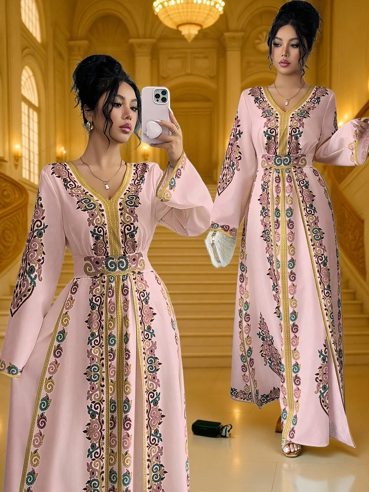 Women'S Summer Autumn Bride, Retro Elegant Dignified Wedding Non- Bohemian Middle Eastern, Printed Design, V-Neck Long Sleeve Batwing Sleeve Loose Flowing Long Wrap Dress, Golden Contrast Design Court Style Dress Suitable for Vacation, Party - Pink