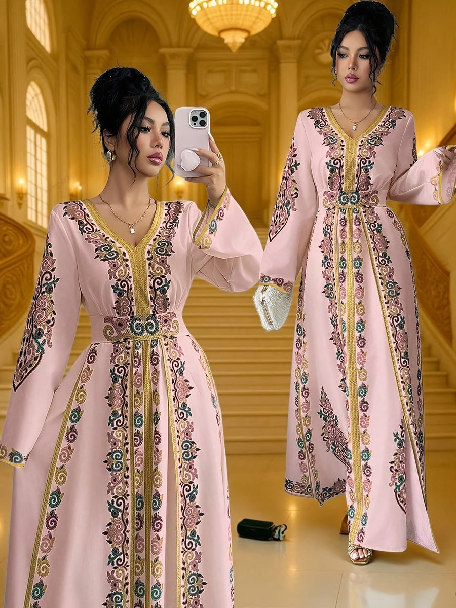 Women'S Summer Autumn Bride, Retro Elegant Dignified Wedding Non- Bohemian Middle Eastern, Printed Design, V-Neck Long Sleeve Batwing Sleeve Loose Flowing Long Wrap Dress, Golden Contrast Design Court Style Dress Suitable for Vacation, Party - Pink