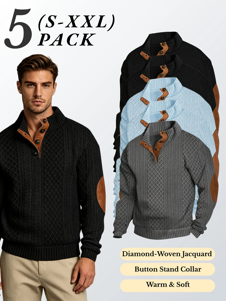 5pcs Set Men's Textured Jacquard Knit Vintage Casual Button-Up Stand Collar Long Sleeve Top, Versatile Basic Solid Color for Autumn/Winter Outings and Home Wear - Black 2 + Sky Blue 2 + Dark Gray