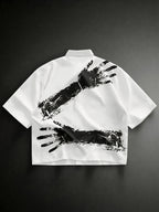 New Summer Men'S Black White Color Block Hand Print Cropped Shirt, Loose Casual Short Sleeve Versatile for Commute Date - Mixed colors