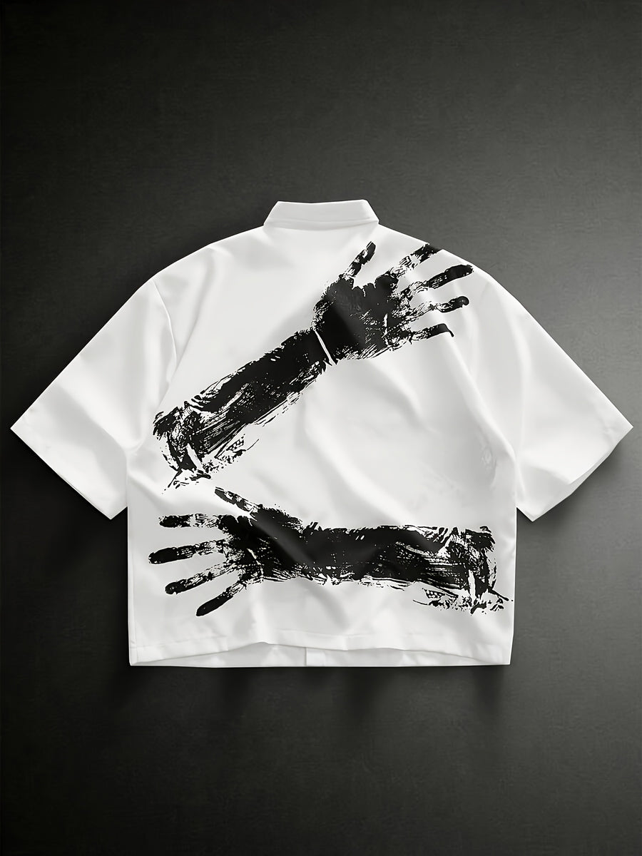 New Summer Men'S Black White Color Block Hand Print Cropped Shirt, Loose Casual Short Sleeve Versatile for Commute Date - Mixed colors
