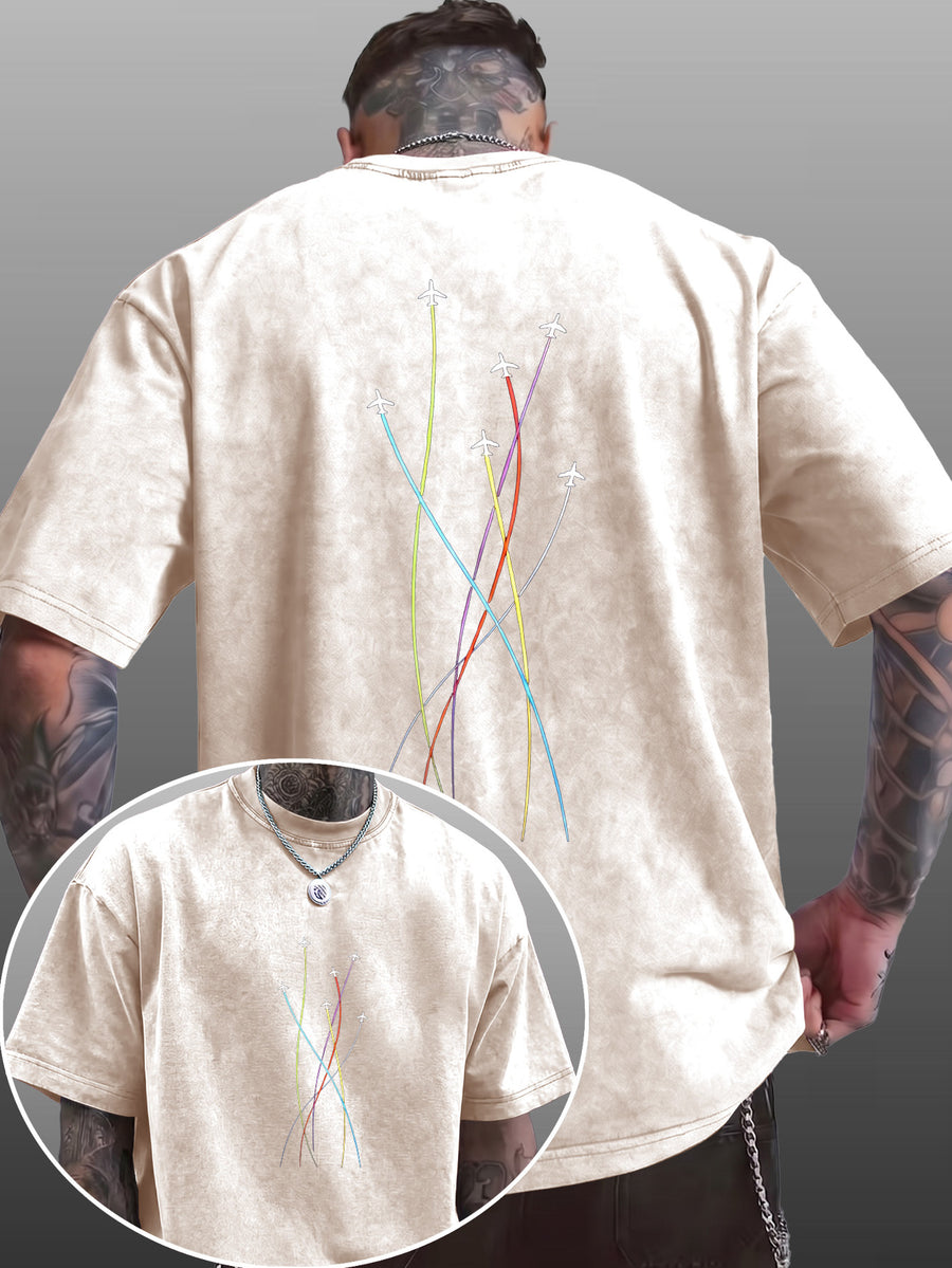 Men's Short-Sleeve T-Shirt, Pure Cotton Loose Fit Half-Sleeve Top, Washed Distressed Colorful Airplane Route Lines, Trendy Reversible Double-Sided Print, Multiple Colors for Mix & Match, American Streetwear Hip-Hop High Street Style, for Daily - Apricot