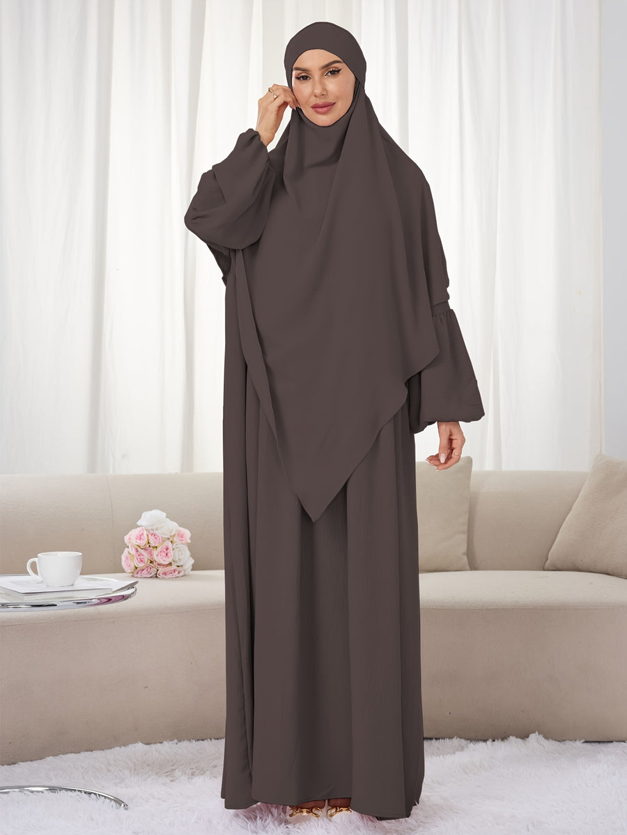 2pcs Set (Khimar And Abaya) Solid Color Muslim Prayer Outfit, Convenient Pullover Style with Lantern Sleeves And Waist Pleats, Paired with Matching Plain Headscarf Hijabs, Essential for Casual Outings, Fashionable Item Prayer Jilbab - Coffee Color