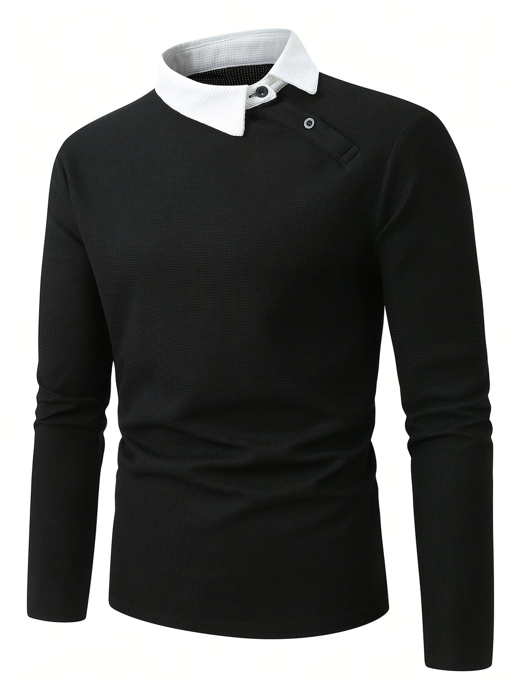 Men'S Contrast Color Long Sleeve Casual Commuter Polo Shirt, Men'S Casual Top Knit T-Shirt, POLO Shirt Cross-Design for Daily Leisure, Weekend Outings, Outdoor Activities, Travel And Adventure, Relaxed Work Environment, Or Semi-Formal Occasions - Black
