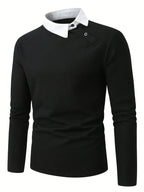 Men'S Contrast Color Long Sleeve Casual Commuter Polo Shirt, Men'S Casual Top Knit T-Shirt, POLO Shirt Cross-Design for Daily Leisure, Weekend Outings, Outdoor Activities, Travel And Adventure, Relaxed Work Environment, Or Semi-Formal Occasions - Black