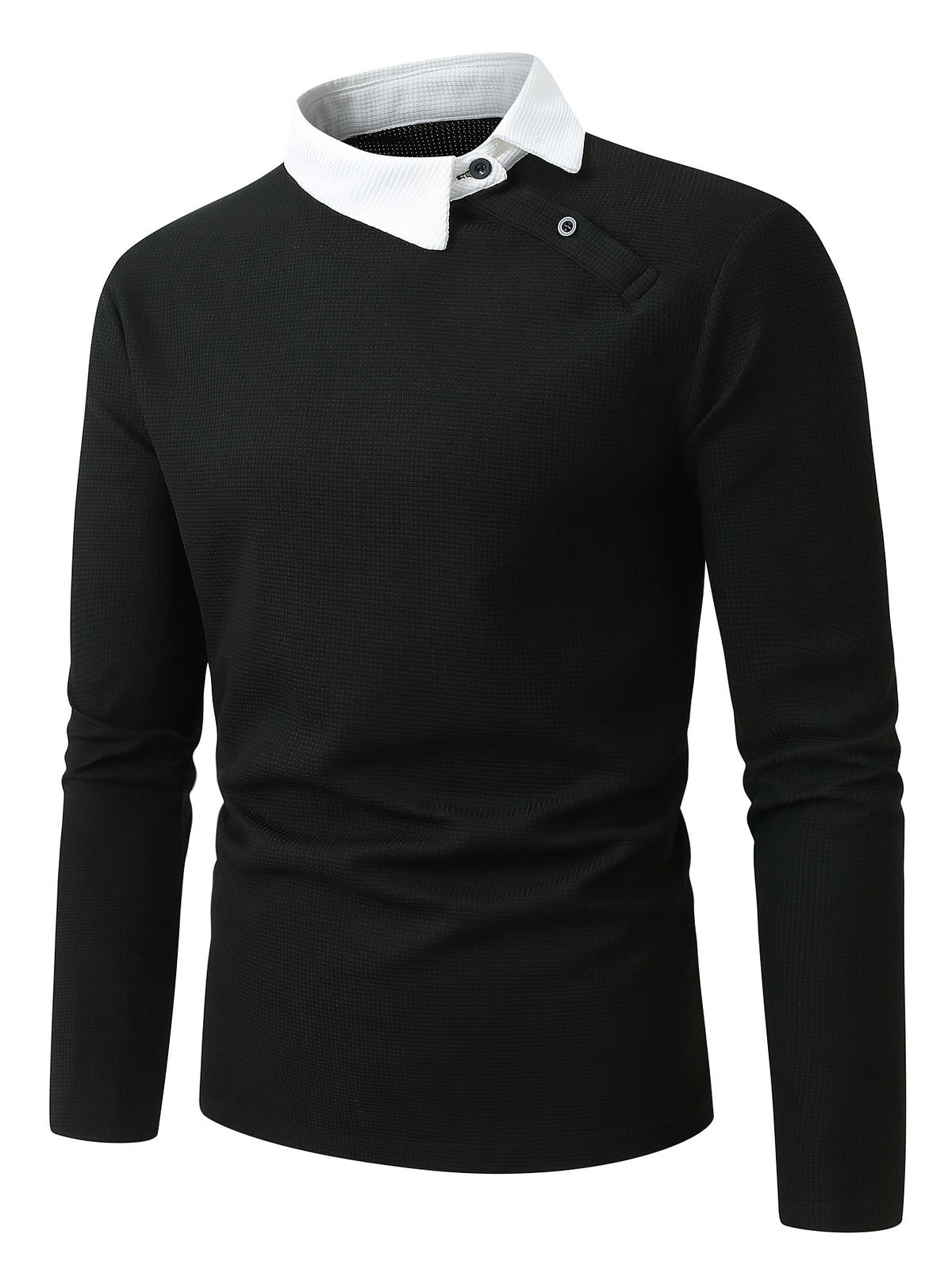 Men'S Contrast Color Long Sleeve Casual Commuter Polo Shirt, Men'S Casual Top Knit T-Shirt, POLO Shirt Cross-Design for Daily Leisure, Weekend Outings, Outdoor Activities, Travel And Adventure, Relaxed Work Environment, Or Semi-Formal Occasions - Black