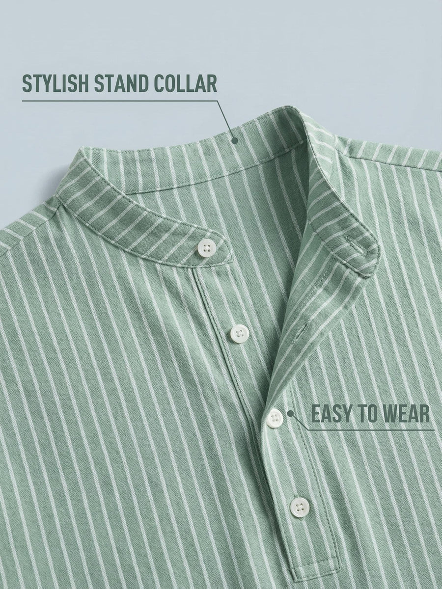 Josh Rose OBM 2pcs Men's Henley Shirts, Men's Summer Short Sleeve Regular Fit, Lightweight and Breathable, 95% Linen, Solid and Striped in Black and White, Features 4 Buttons, Suitable for Summer Daily Work, Casual, and Vacation Occasions - Khaki+Green
