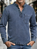 Men'S New Spring And Autumn Henley Collar Denim Shirt, Vintage Washed And Faded Blue Long Sleeve Top, Half-Placket 3-Button Design, Casual Shirt with Side Single Pocket, Versatile for Daily Commute, Wearable As Inner Or Outer Layer - Navy Color
