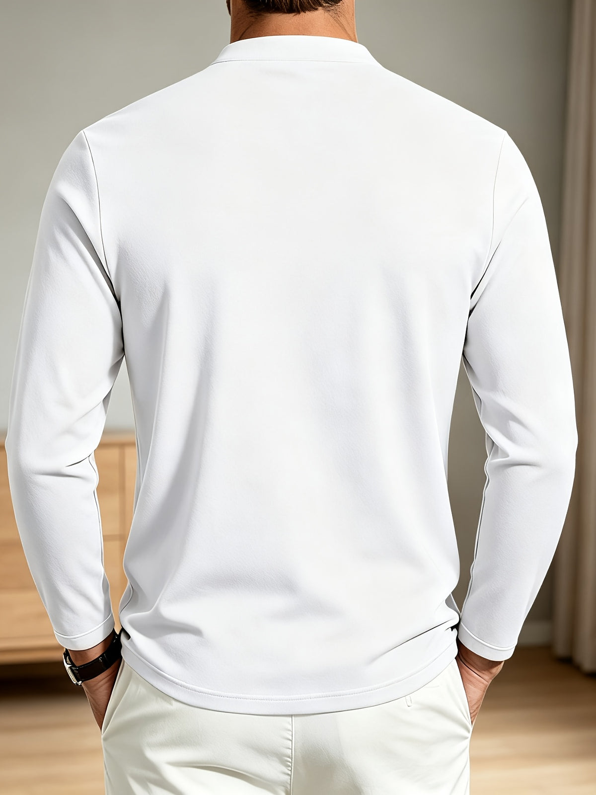 Men Spring Autumn Textured Mandarin Collar Henley 5-button Long Sleeve Top. Slim Soft Breathable Wrinkle-resistant Long Tee for Daily Business Commute & Casual Wear. - White