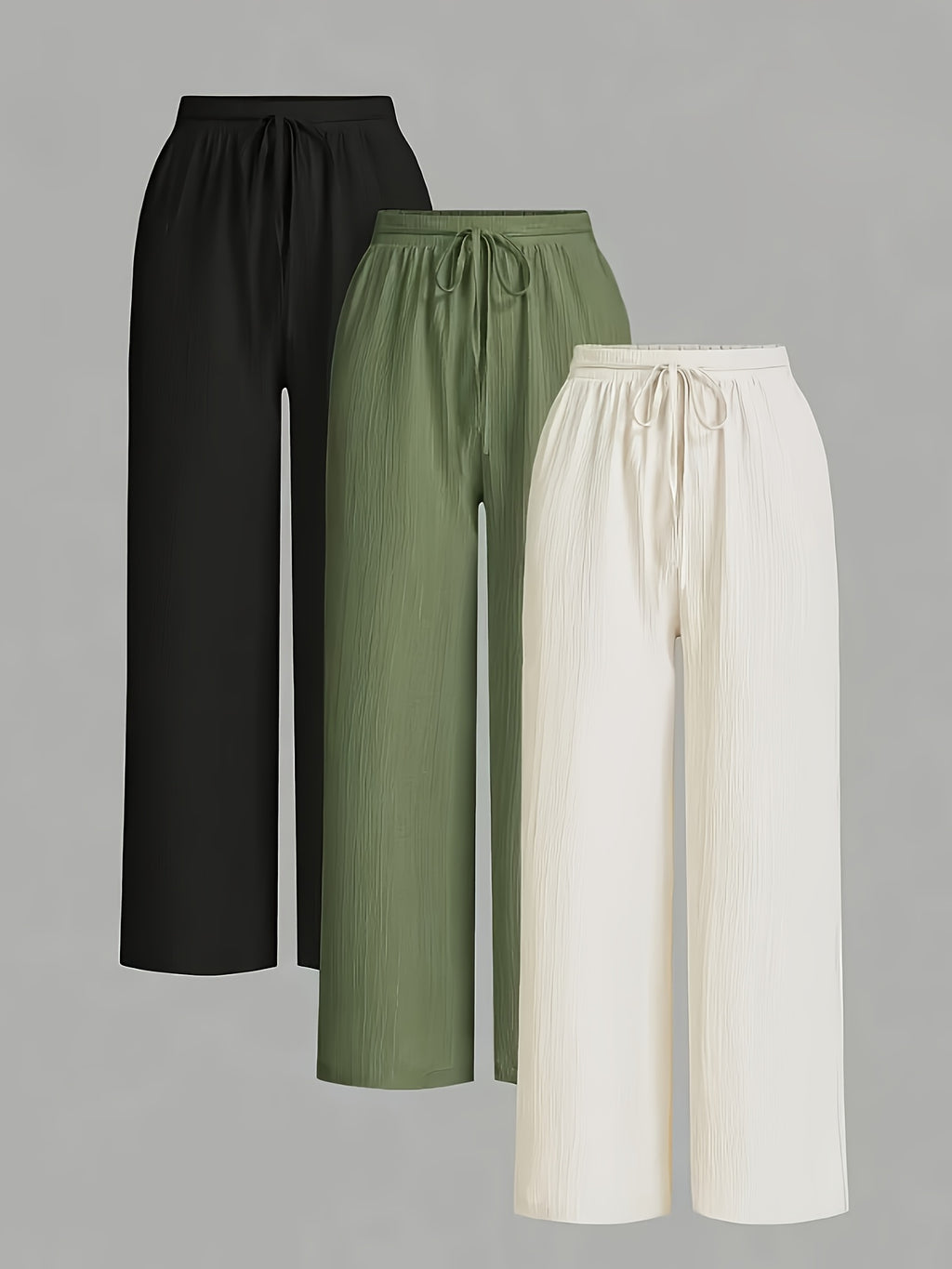 3pcs Elegant Wide-Leg Pants - Solid Color Lightweight Summer Trousers with Wide Leg Opening & Drawstring Waist, Machine Washable Non-Stretch for Casual, Office, Semi-Formal Wear (3pcs) - Black+white+olive green