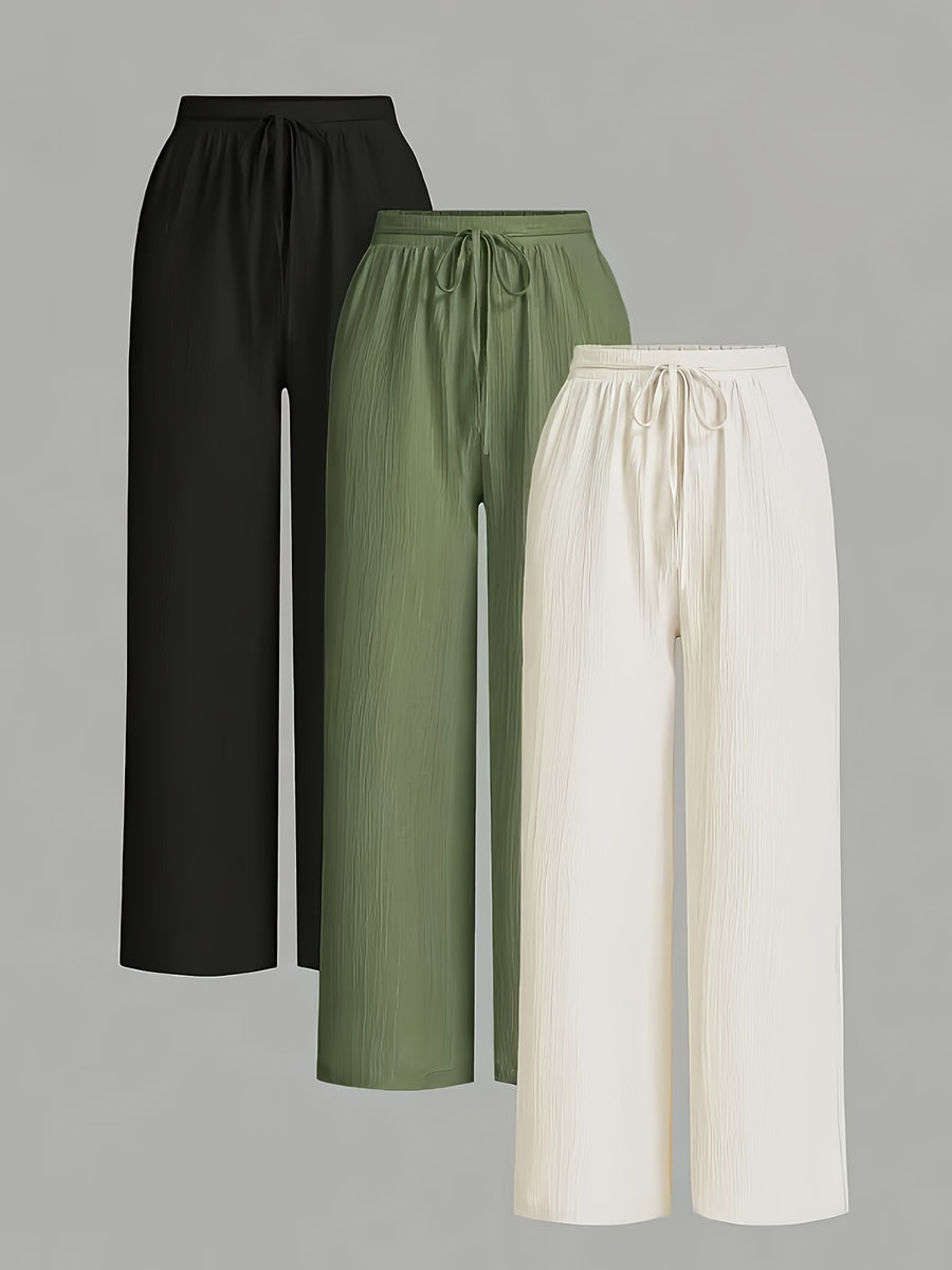 3pcs Elegant Wide-Leg Pants - Solid Color Lightweight Summer Trousers with Wide Leg Opening & Drawstring Waist, Machine Washable Non-Stretch for Casual, Office, Semi-Formal Wear (3pcs) - Black+white+olive green