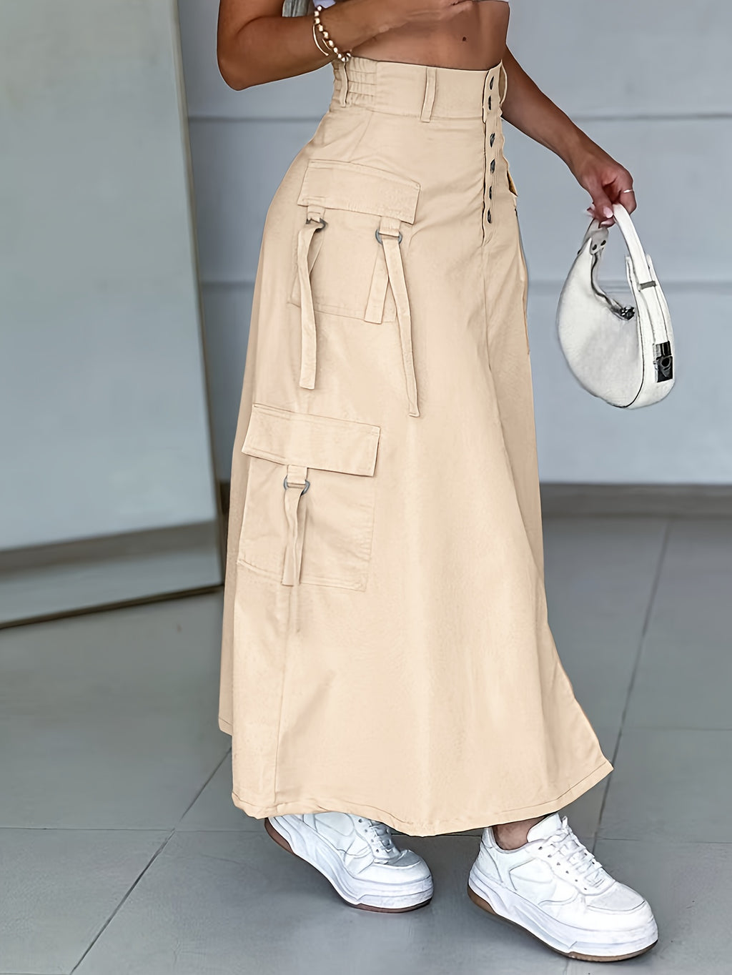 Spring And Autumn Casual Style Cargo Skirt, Button-Detail Slit, Individual And Versatile - Light Beige