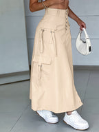 Spring And Autumn Casual Style Cargo Skirt, Button-Detail Slit, Individual And Versatile - Light Beige