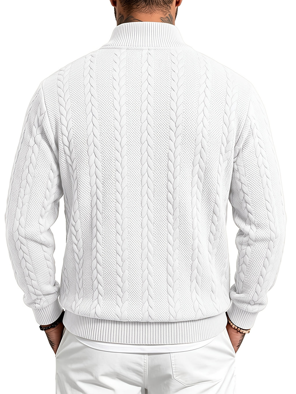 Whale Crossing OBM Men's Spring, Autumn, Winter Classic Fashion Italian Milanese Label Knitted Cable Knit Stand Collar Sweatshirt - White