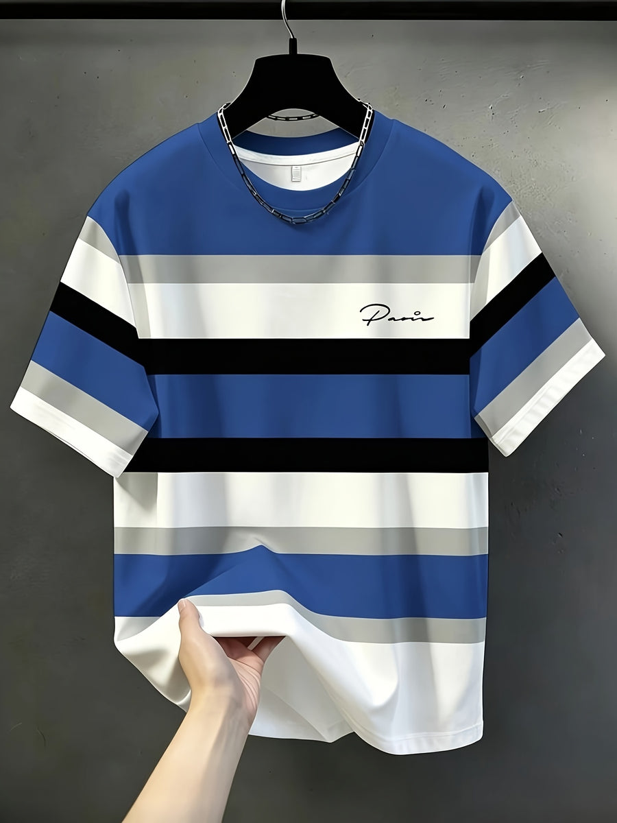 Printed Design, Non-textured Men's Casual Crew Neck T-shirt, Striped Color-block Pattern, Drapey and Stylish Top, Suitable for All Seasons, Breathable Regular Fit for Daily and Formal Wear - Crew Neck Casual Top, Comfortable to Wear, Pockets - Mixed Color 1