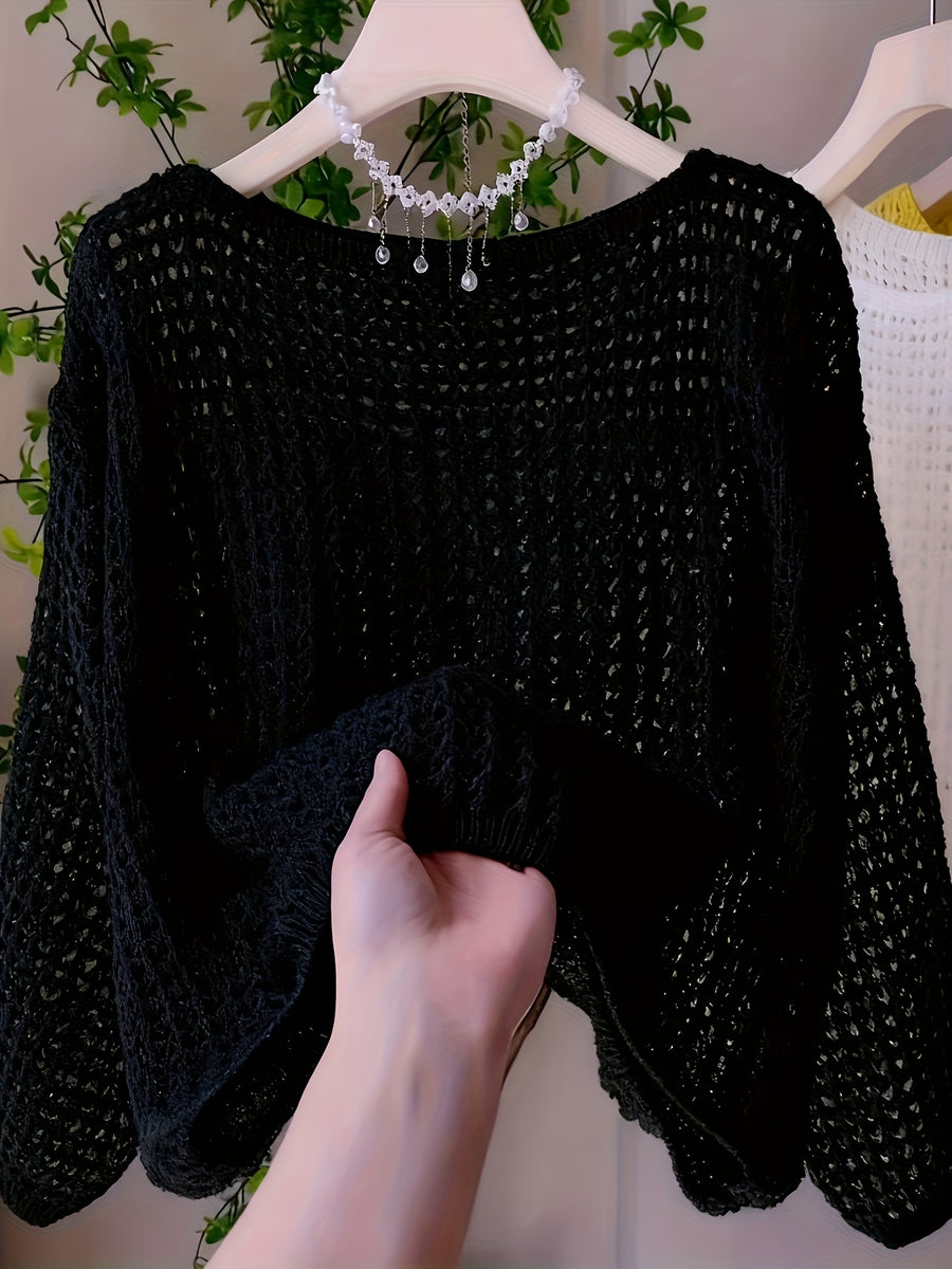 Women's New Spring/Summer Hollow-Out Solid Color One-Shoulder Pullover Knitwear, Casual Style Outer Cover-Up Shirt - Black