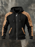 Men's Trendy Color-Block Hooded Jacket New Arrival! The Black-and-brown Spliced Design Offers a Strong Visual Sense of Layering, with Smooth Fabric for a Comfortable and Stylish Fit. The Full-length Zipper and Pockets Are Both Practical - Black