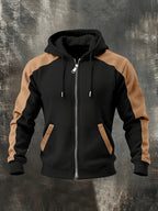 Men's Trendy Color-Block Hooded Jacket New Arrival! The Black-and-brown Spliced Design Offers a Strong Visual Sense of Layering, with Smooth Fabric for a Comfortable and Stylish Fit. The Full-length Zipper and Pockets Are Both Practical - Black