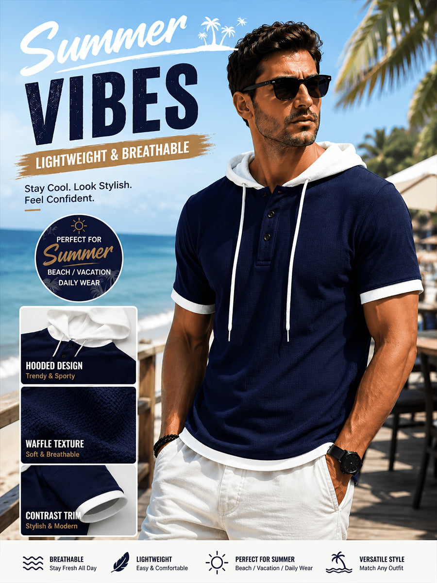 [Qiaoximei Obm] Summer Men'S High-Quality Waffle-Gore Hooded Short Sleeve T-Shirt - Individual Fashion Statement with Special Design Texture Fabric, Adjustable Drawstring And Buttons, Suitable for Gym Fitness Wear - Navy Color