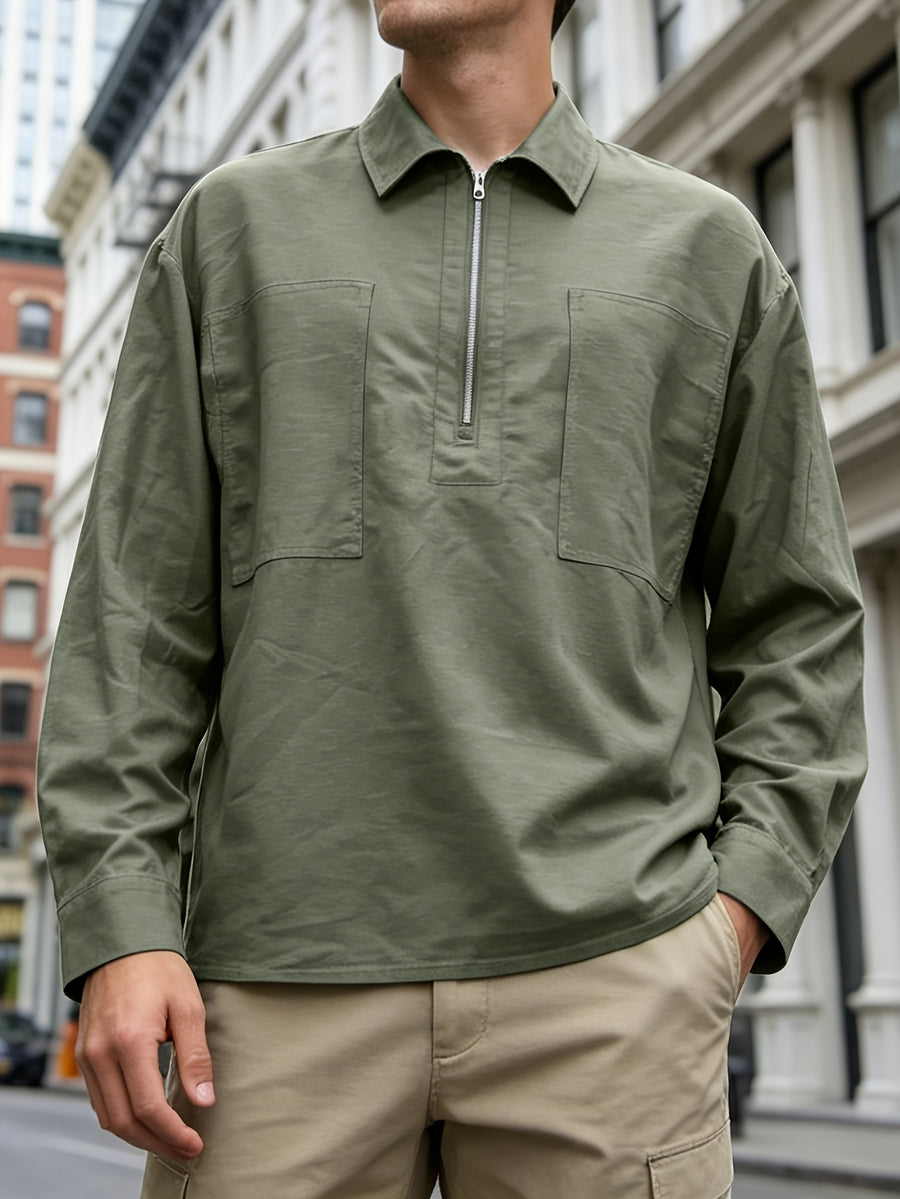 European and American Men's Solid Color Textured Versatile Casual Workwear Shirt, High Street Instagram Style Lapel Pullover Shirt - Military Green