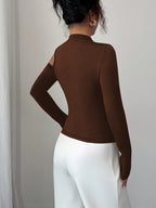 Women's Fashion Slant Collar Design with Metal Decoration Autumn Winter Long Sleeve Top - Coffee Brown