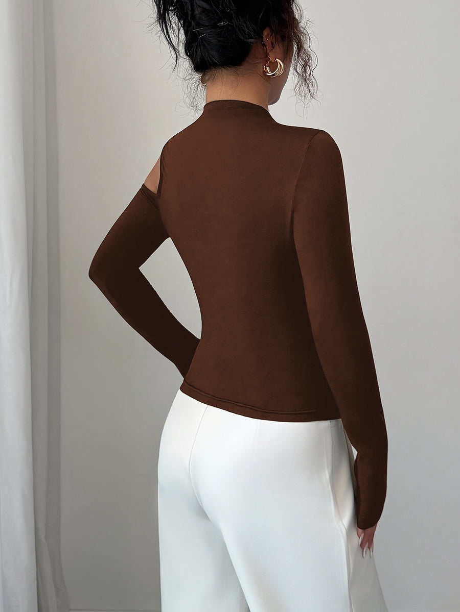 Women's Fashion Slant Collar Design with Metal Decoration Autumn Winter Long Sleeve Top - Coffee Brown