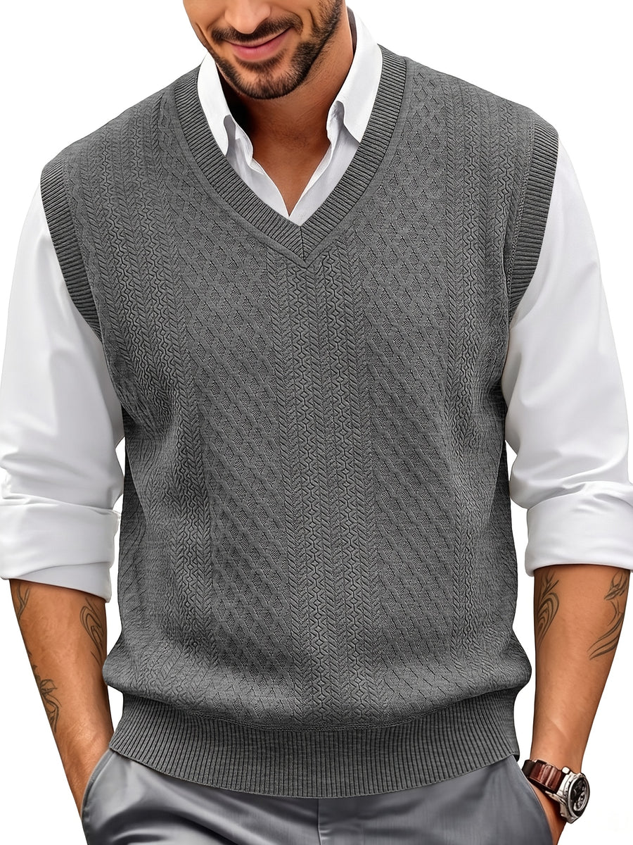 Xingfan OBM Men's Autumn/Winter Light Luxury New Ribbed V-Neck Cable Knit Vest, Rhombus Jacquard Sleeveless Sweater Cardigan, Business Gentleman's Layering Knit Top. Soft and Warm Knitted Fabric, Vintage Three-dimensional Cable Knit Rhombus Texture - Dark Gray