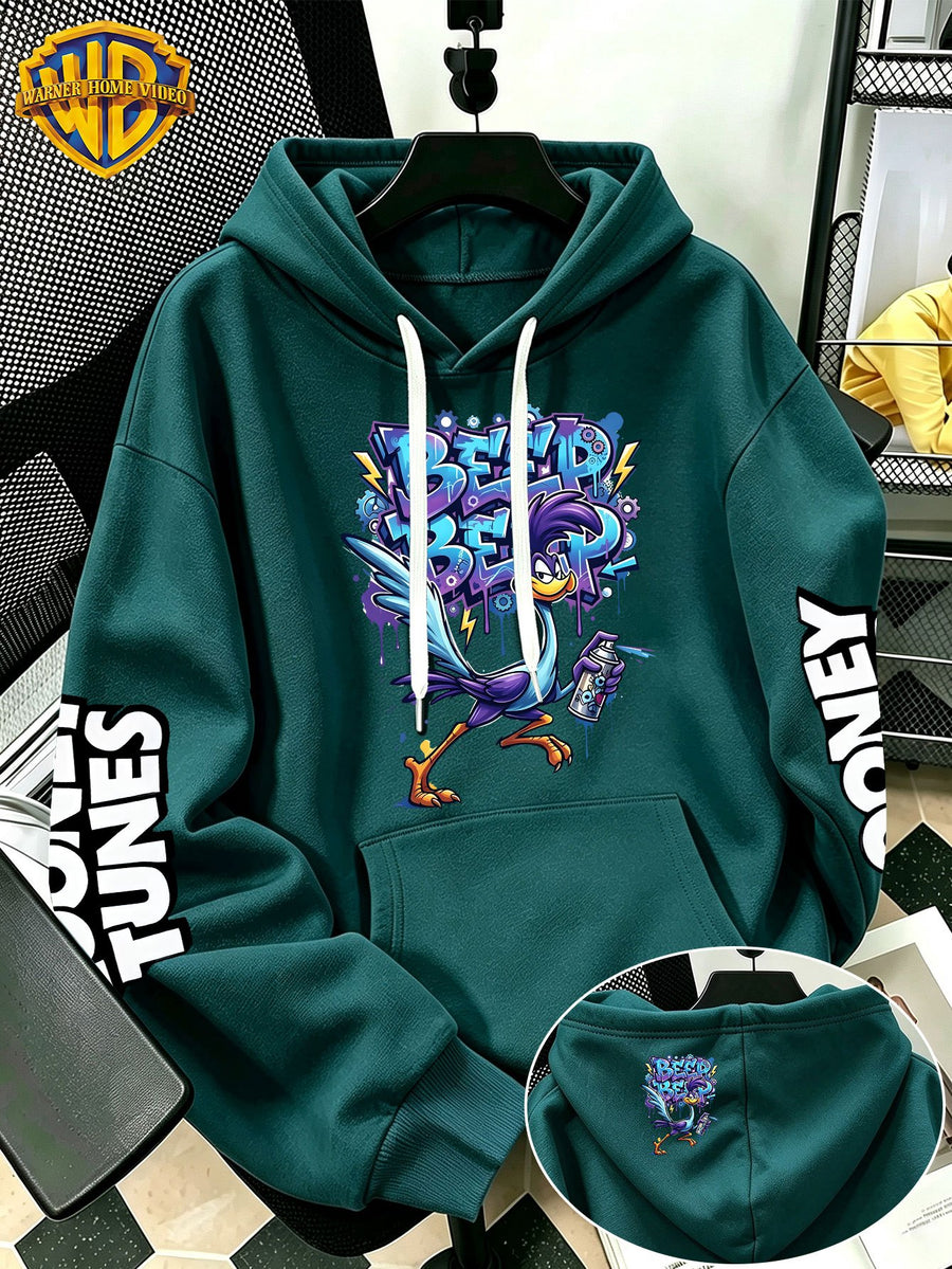 WB Warner Bros Official Men's & Women's Cyber Graffiti Runaway Bird Hoodie - Iconic WB Print Sweatshirt, Adjustable Hood, Loose Fit Warm Pullover for Fall/Winter, Machine Washable Suitable for Daily Wear & Outdoor Sports - Green