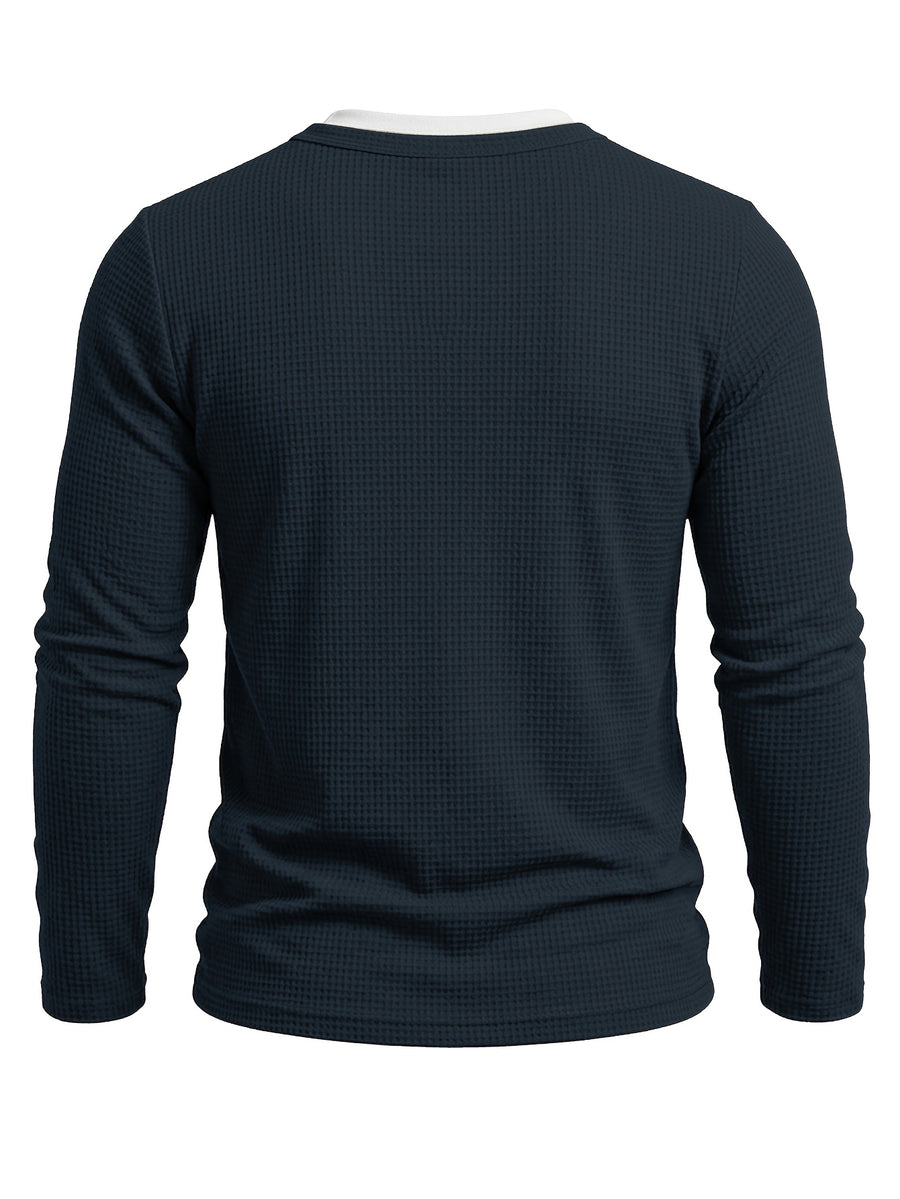 Autumn/Winter Cross-Border Men's Long Sleeve Crew Neck 2-in-1 Look Henley Shirt European and American Men's Pullover Base Layer T-shirt - Royal Blue