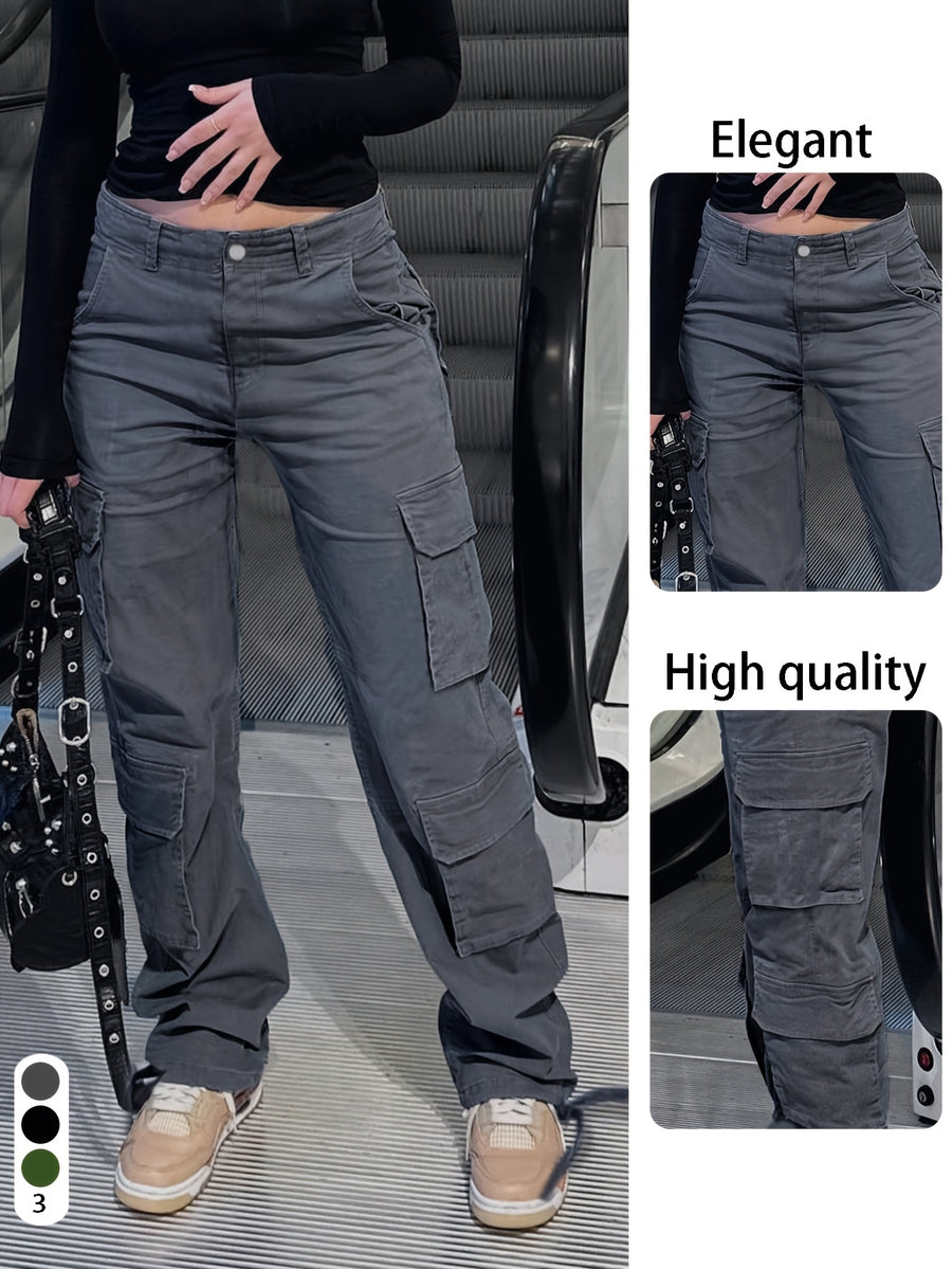 Fashion Y2K Loose Multi Pocket Zipper Pocket Cargo Jeans, Casual Sports Loose Wide Leg Pants for Hiking, Women's Athleisure denim jeans - Dark Gray