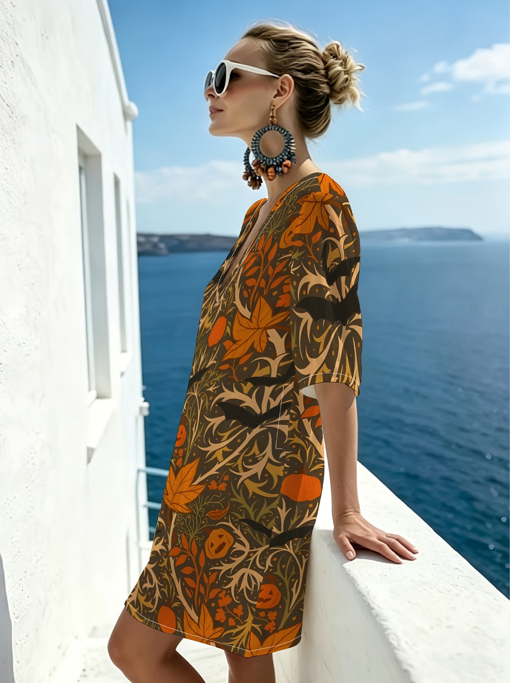 Vintage Halloween-themed V-neck Dress with Atmospheric Pumpkin, Bat, and Maple Leaf Patterns. Features a Loose, Dropped-shoulder Short-sleeve Silhouette and Soft, Skin-friendly Fabric. Suitable for Casual, Laid-back Wear, Parties, Outings, and Daily - Mixed colors