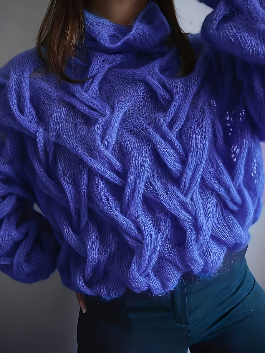 Valentine'S Day Festive Atmosphere Outfit for Women, Featuring a Lightweight, Sheer, Semi-Turtleneck Sweater with a Hollow Design, Perfect for a Relaxed, Soft, And Loose Style for Autumn And Winter - Royal Blue