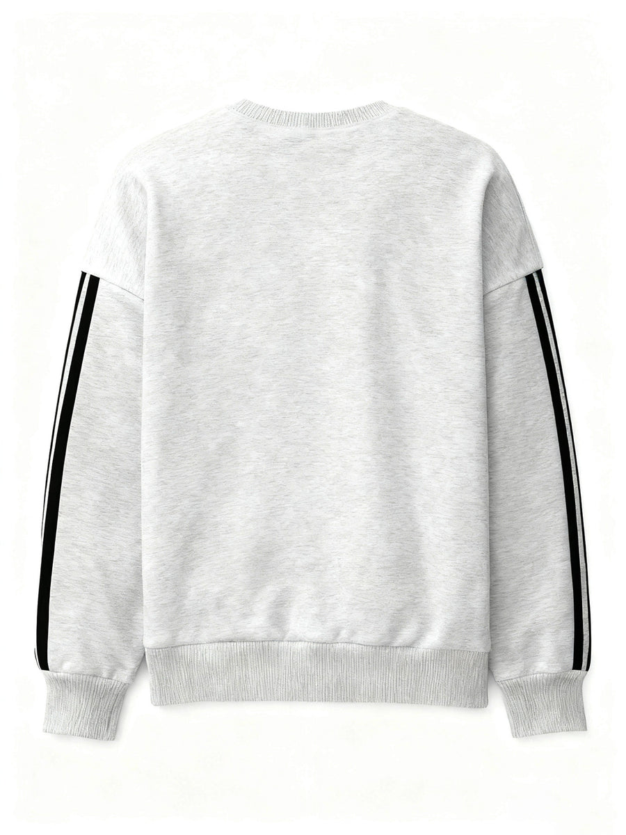 Comfortable and Versatile Women's Clothing, Casual Long-Sleeve Crewneck Sweatshirt with Fun Printed Patterns and Double Stripes, for Women - Light Grey