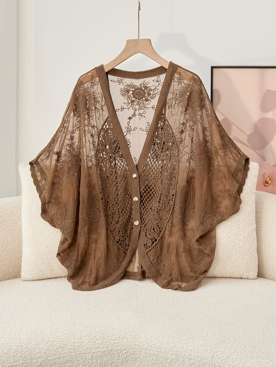 Bohemian Openwork Embroidery Spring and Summer Ethnic Fashion Joker Casual Cardigan, Suitable for Going Out to Wear. - Coffee Color