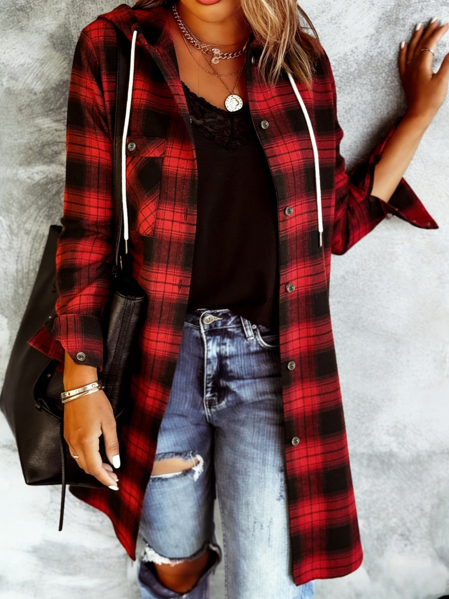 Women's Casual Long-Sleeve Lapel Shirt, Long Plaid Hooded Shirt with Drawstring Hood, Practical Chest Patch Pocket, Button Closure, Front Placket Design, Vintage Casual Style - Red And Black Plaid