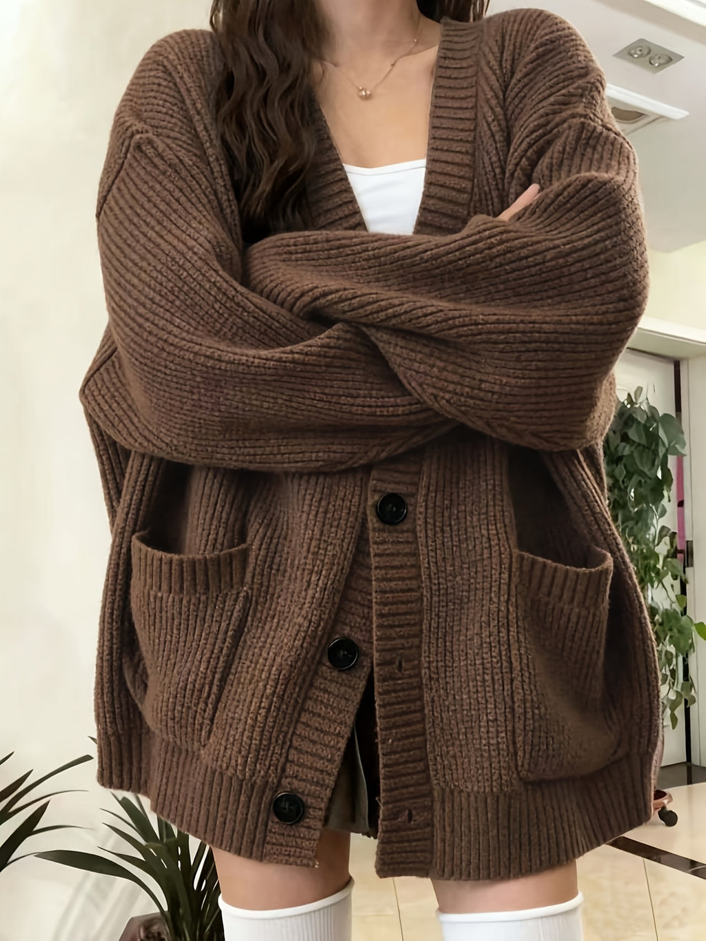 Button Front Cardigan With Patched Pocket, Casual V Neck Solid Color Ribbed Drop Shoulder Cardigan For Fall & Winter, Women's Clothing - Dark Brown