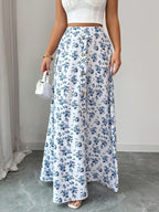 Women'S Fashion Elegant Casual Printed Button-Detailed Skirt, Summer Vacation Style, Elastic Waist, Flowing Long Dress, And Flattering - White