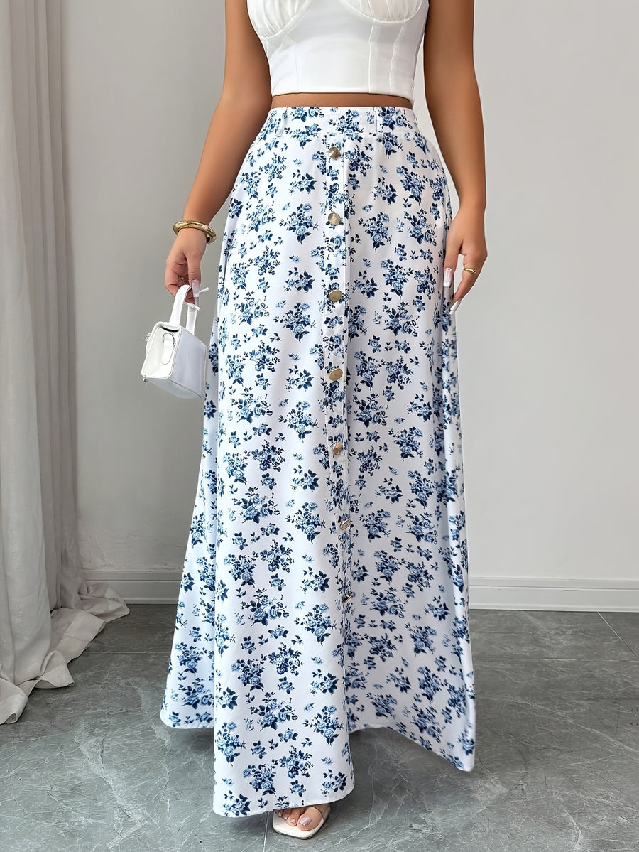 Women'S Fashion Elegant Casual Printed Button-Detailed Skirt, Summer Vacation Style, Elastic Waist, Flowing Long Dress, And Flattering - White