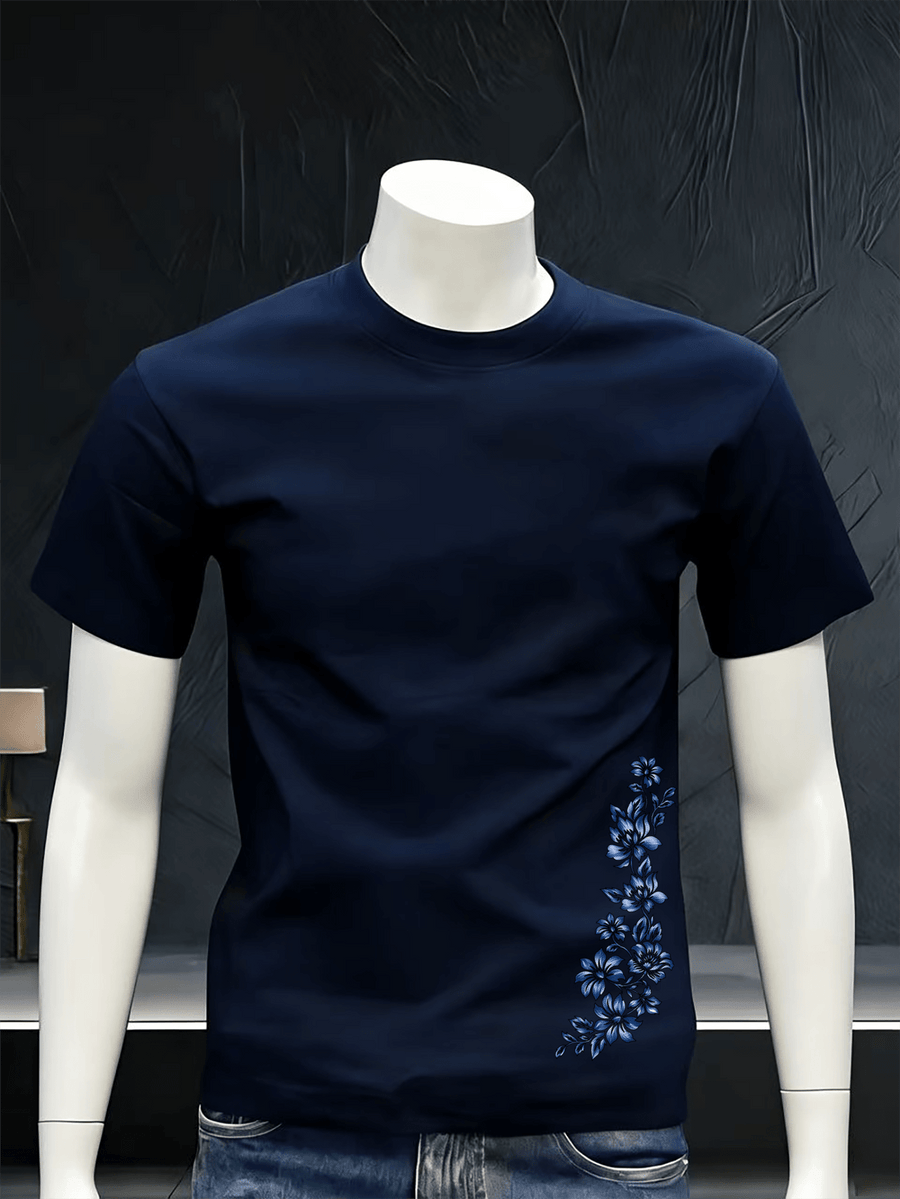 Blue-and-White Floral Vine Chinese Style Print Men's Tee Minimal New Chinese Versatile Loose Breathable Crew Neck Summer Commute Basic Top - Navy Color