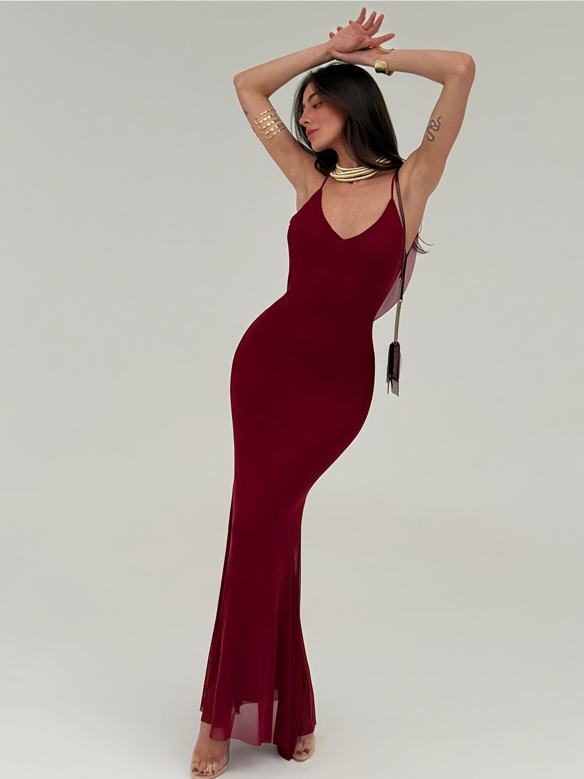 Ladies' Sexy Spaghetti Strap Dress, Mesh Festival Gown - Burgundy