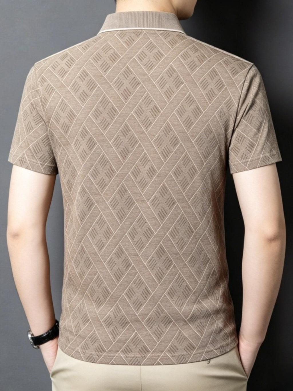 Men'S Washed Distressed Denim Style Polo Shirt, Blend Jacquard Breathable Short Sleeve Middle-Aged Dad Wear - Coffee Brown