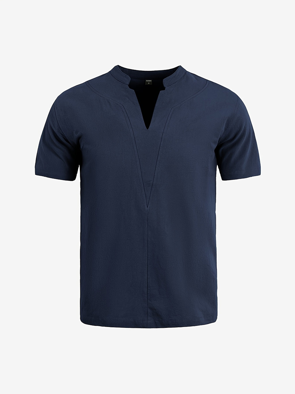 Men'S Minimalist Summer Casual Shirt, Linen Texture Short Sleeve Stand Collar V-Neck Pullover, Soft And Breathable, Loose Fit, Suitable for Business Casual, Vacation, Weekend Gatherings, And More - Navy 1 piece