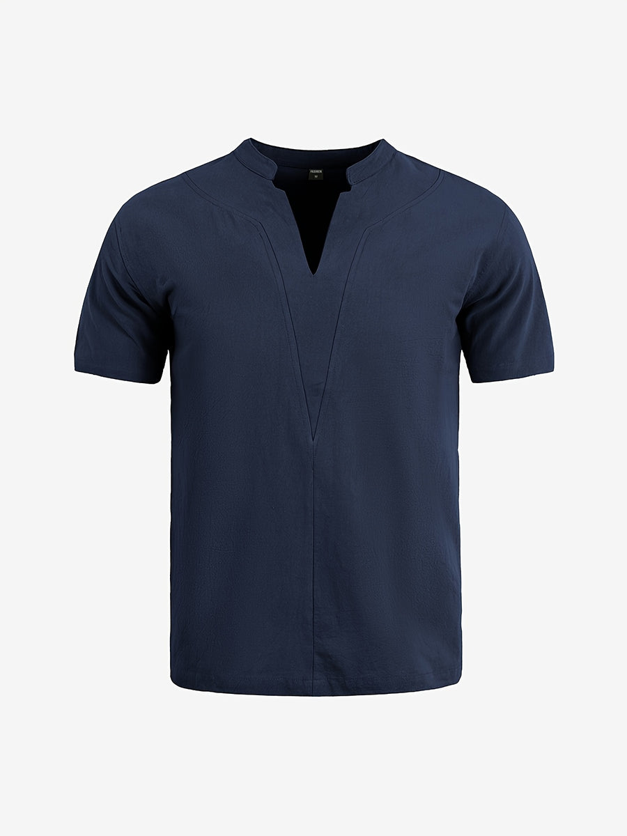 Men'S Minimalist Summer Casual Shirt, Linen Texture Short Sleeve Stand Collar V-Neck Pullover, Soft And Breathable, Loose Fit, Suitable for Business Casual, Vacation, Weekend Gatherings, And More - Navy 1 piece