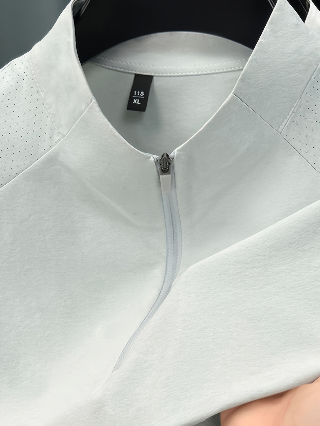 Men'S Summer Top T-Shirt, Half-Zipper Stand-Up Collar Design, Casual And Light Business Style, Adjustable Collar with Zipper, Balancing Ventilation And Styling; Mesh Shoulder Panel for Enhanced Breathability - Glacier