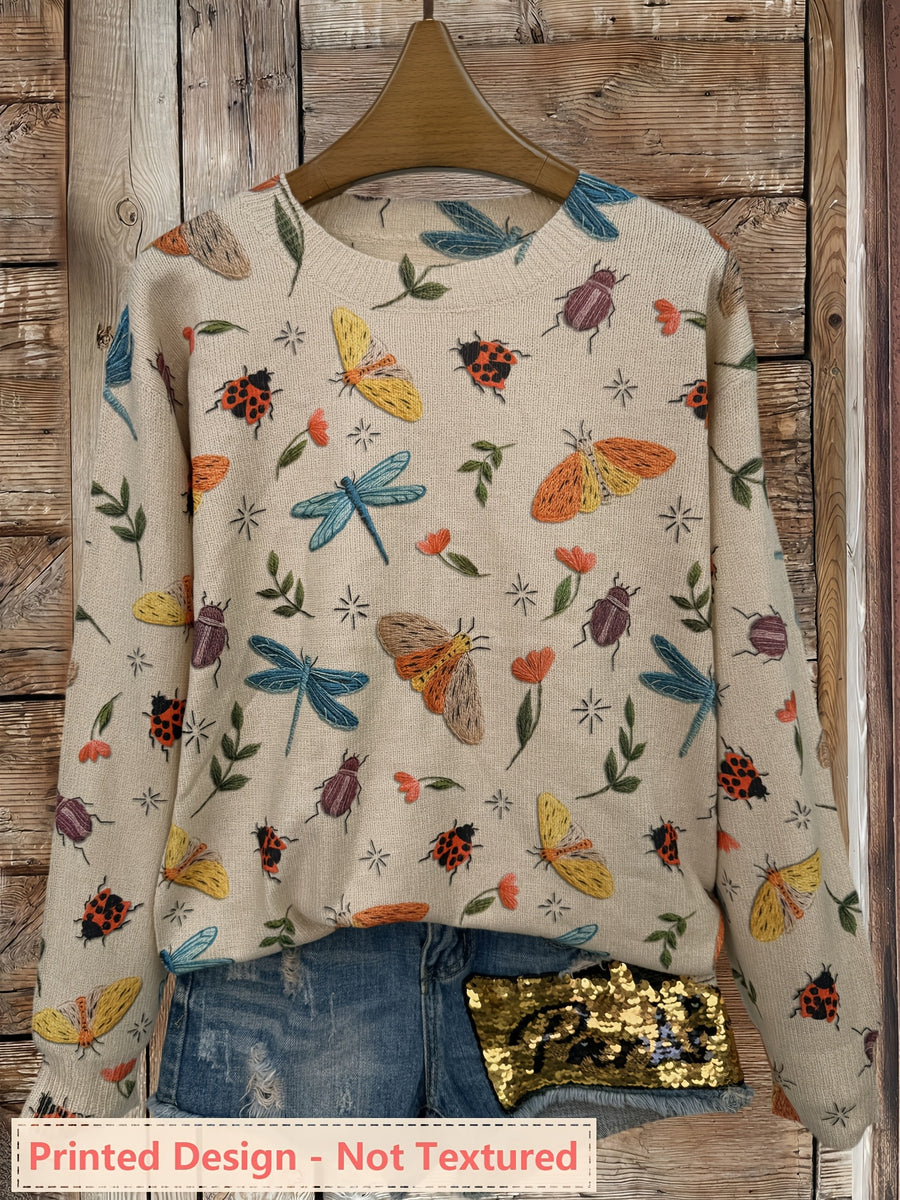 [Printed Design - Not Textured] Women'S for All Over Printed Long Sleeve Universal Crew Neck Lightweight Sweater, Trendy Wear, Ultra HD Insect And Flower Pattern, Perfect for Casual Elegance Style Outfits - Suitable for All Seasons - Multicolor