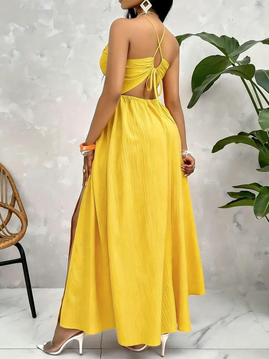 New Spring And Summer Casual Vacation Backless And Off-The-Shoulder Design Top, Front Slit to Thigh, Striped Women'S Maxi Dress, Women'S Light-Colored Dress, Women'S Resort Wear - Lemon Yellow