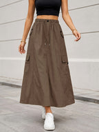 Summer Cargo Half Skirt Women'S Elastic Waist Loose Casual Multi-Pocket Versatile Women'S Long Skirt Quick-Dry Machine Washable A-Line Skirt - Camel